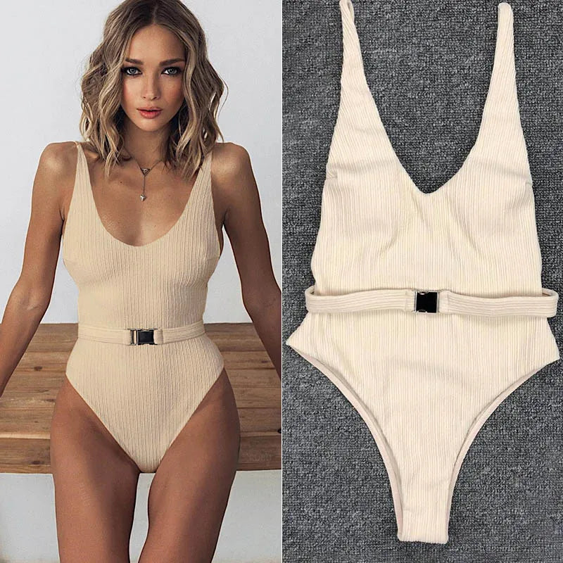 Belted High-Leg One-Piece Swimsuit - Push-Up Monokini