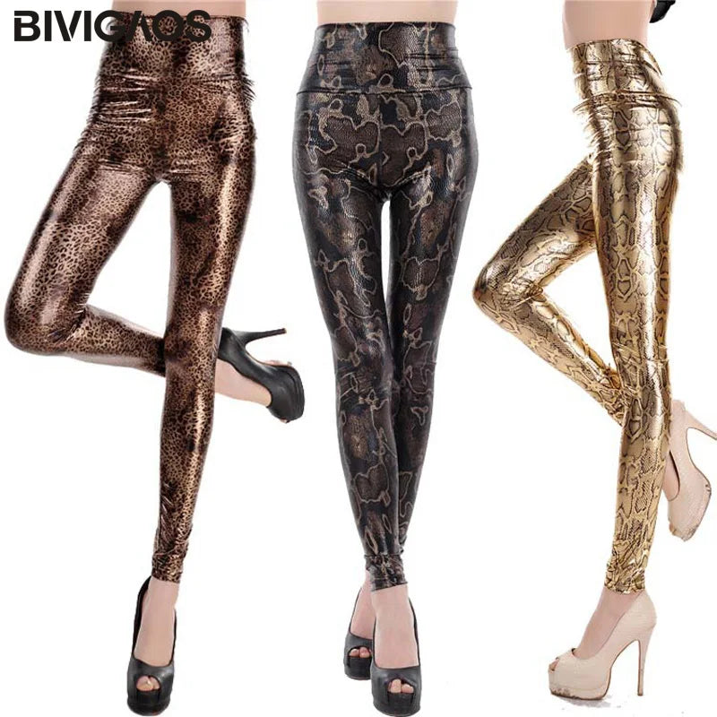 High-Waist Seamless Snakeskin Faux Leather Leggings - Women's Sculpting Statement Bottoms