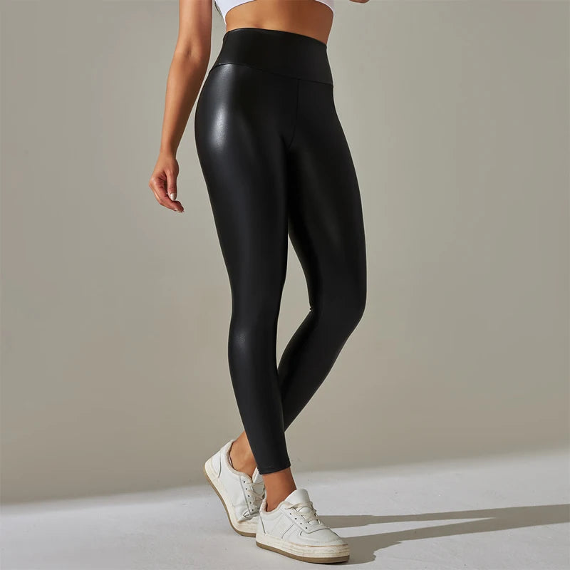 High-Waist PU Leather Leggings - Sleek Stretch Yoga Fit