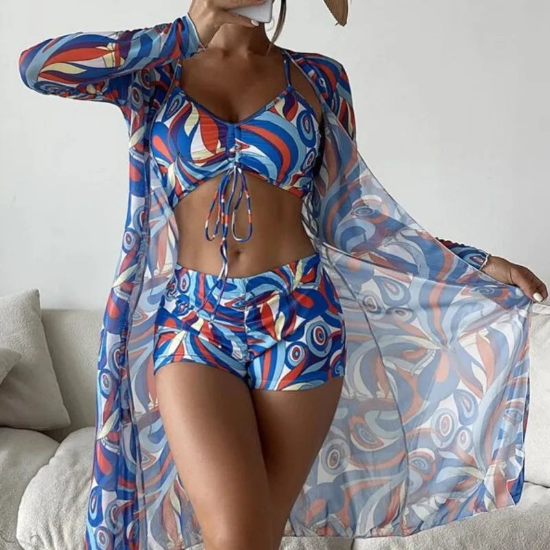 Printed 3-Piece Tankini Set - Push-Up Beach Swimwear