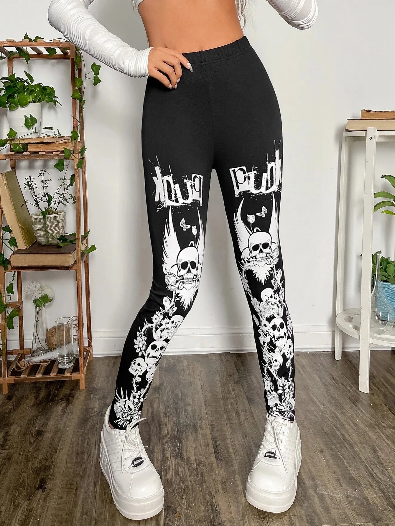 Goth Skull Print Ankle Leggings - Slim Dark Style Stretch Fit