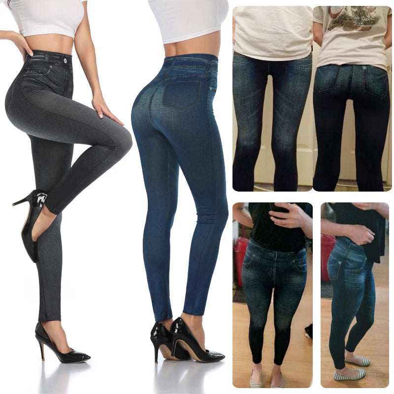 Seamless Faux Denim High-Waist Leggings - Tummy Control Pocket Look