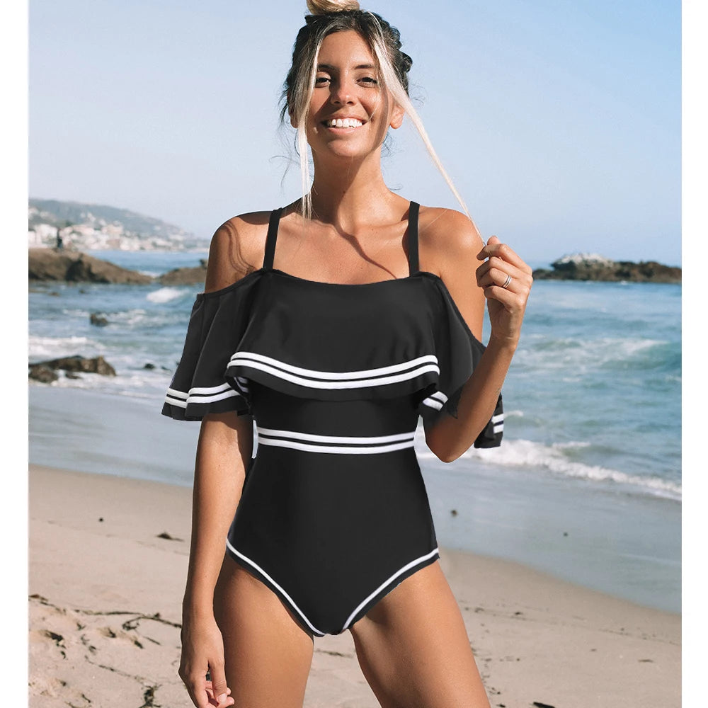 Off-the-Shoulder Ruffle One-Piece Swimsuit - Solid Monokini