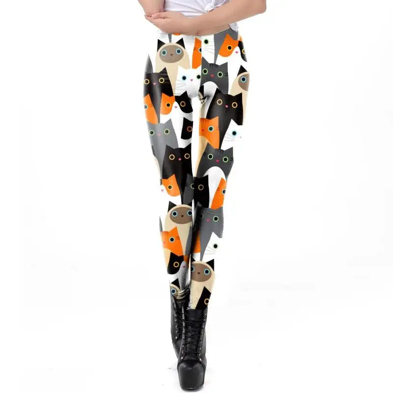 Cartoon Cat Print Mid-Waist Leggings - Stretch Knit Casual Fit
