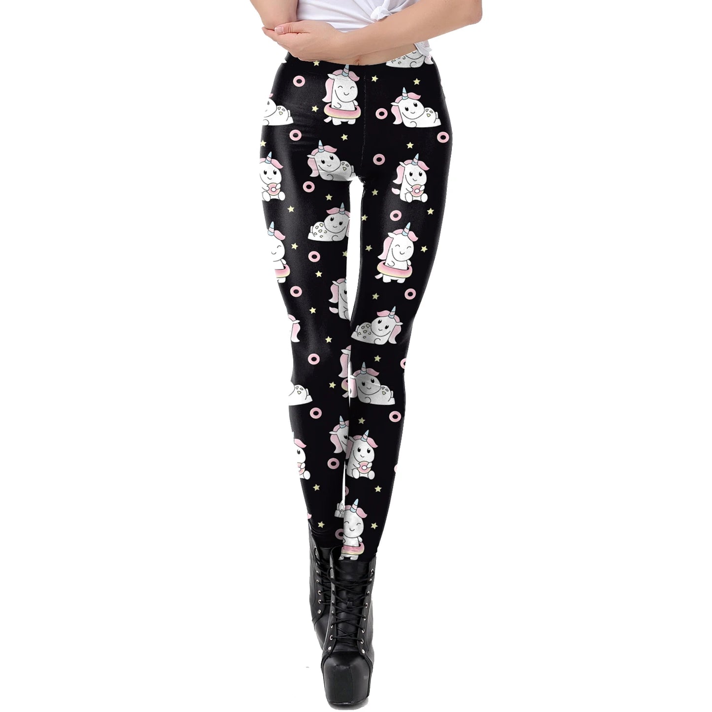 Cartoon Cat Print Mid-Waist Leggings - Stretch Knit Casual Fit