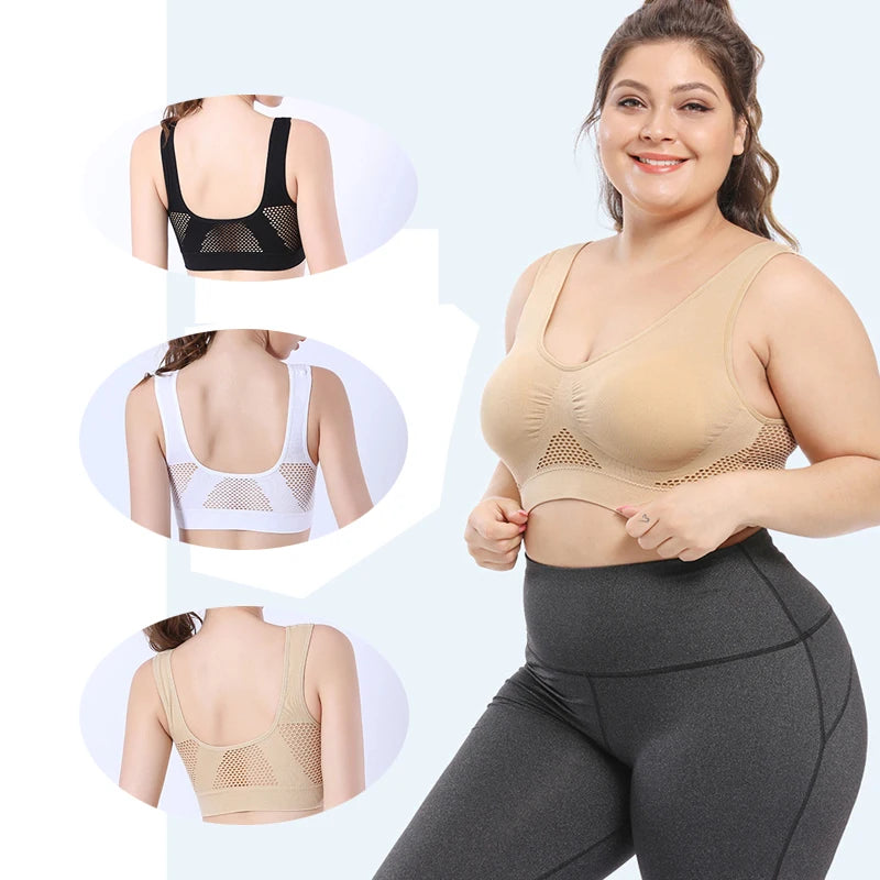 Plus Size Seamless Wire-Free Sports Bra - Breathable Mesh Comfort