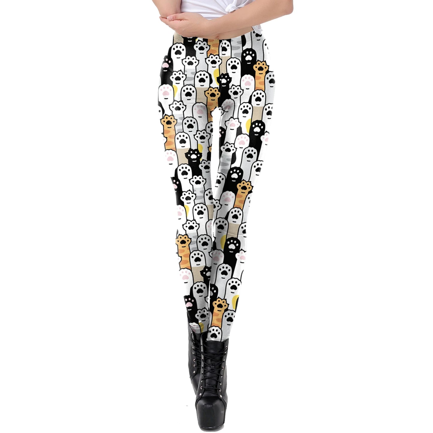 Cartoon Cat Print Mid-Waist Leggings - Stretch Knit Casual Fit