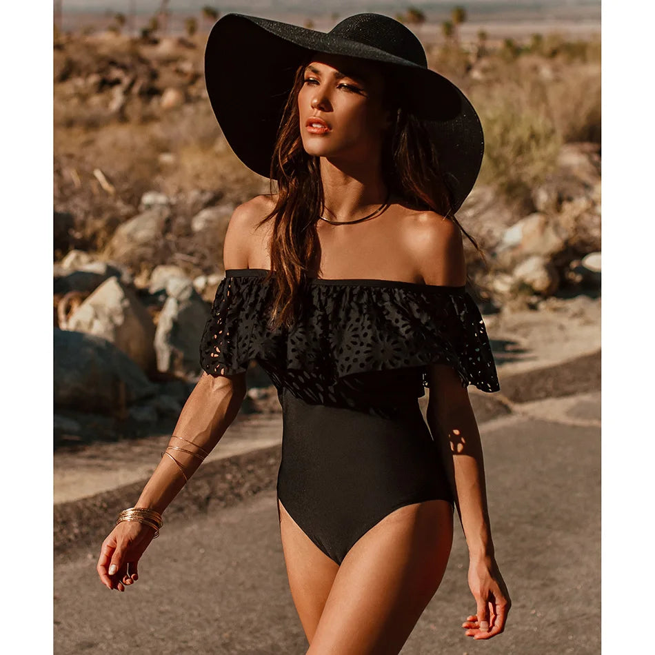 Off-the-Shoulder Ruffle One-Piece Swimsuit - Solid Monokini