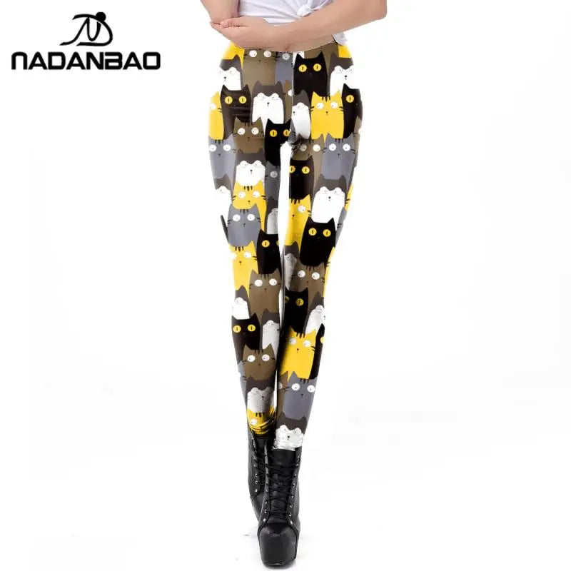 Cartoon Cat Print Mid-Waist Leggings - Stretch Knit Casual Fit