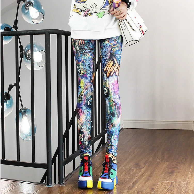 Colorful Street Print Leggings - High-Stretch One-Size Comfort