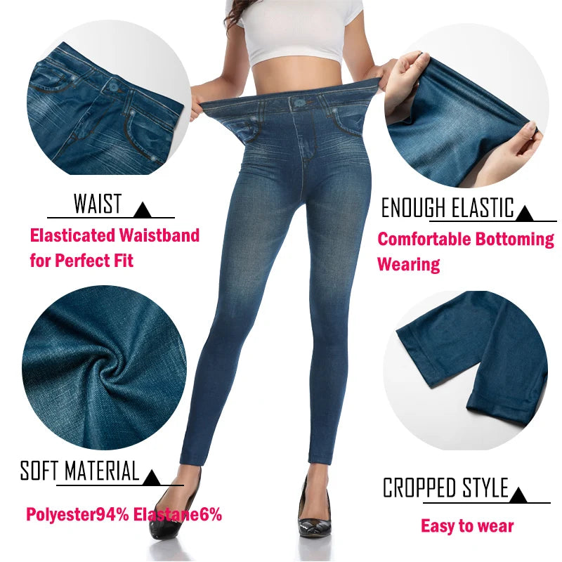 Seamless Faux Denim High-Waist Leggings - Tummy Control Pocket Look