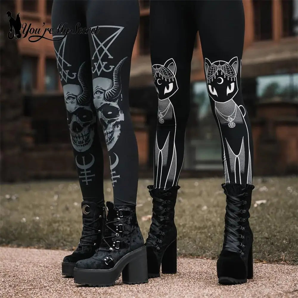 Black Ouija Gothic Leggings - Mid-Waist Stretch Alternative Style