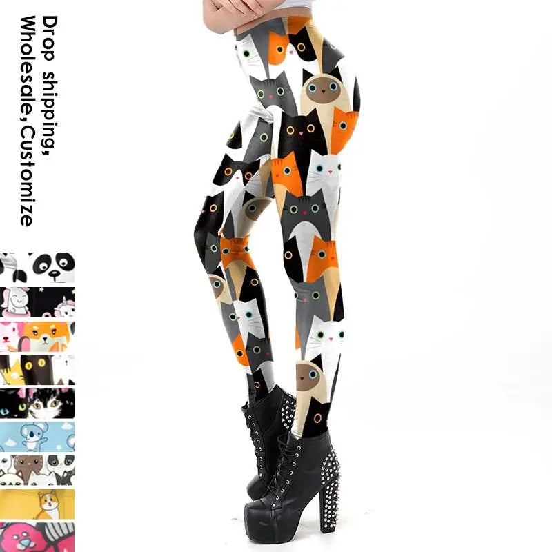 Cartoon Cat Print Mid-Waist Leggings - Stretch Knit Casual Fit