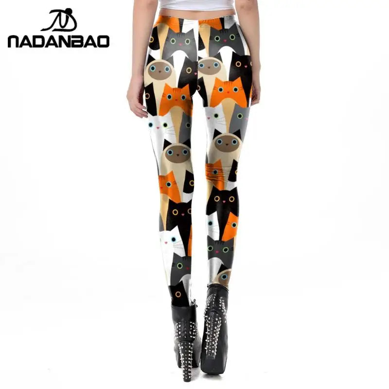 Cartoon Cat Print Mid-Waist Leggings - Stretch Knit Casual Fit