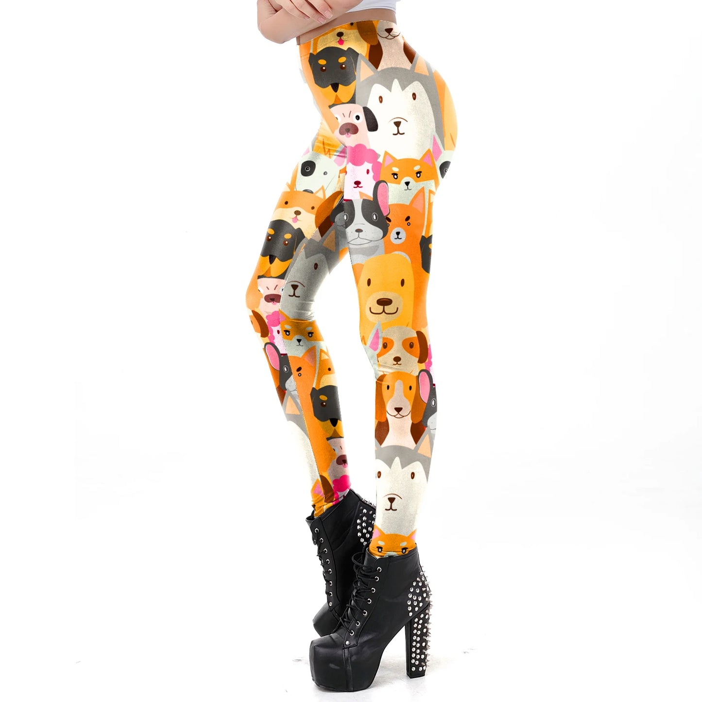 Cartoon Cat Print Mid-Waist Leggings - Stretch Knit Casual Fit