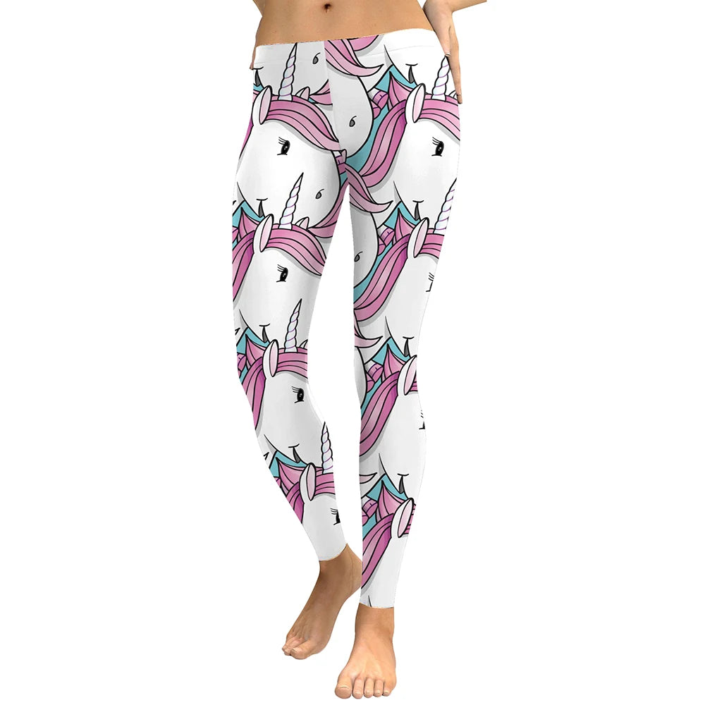 Cute Unicorn Print Mid-Waist Leggings - Stretch Knit Activewear