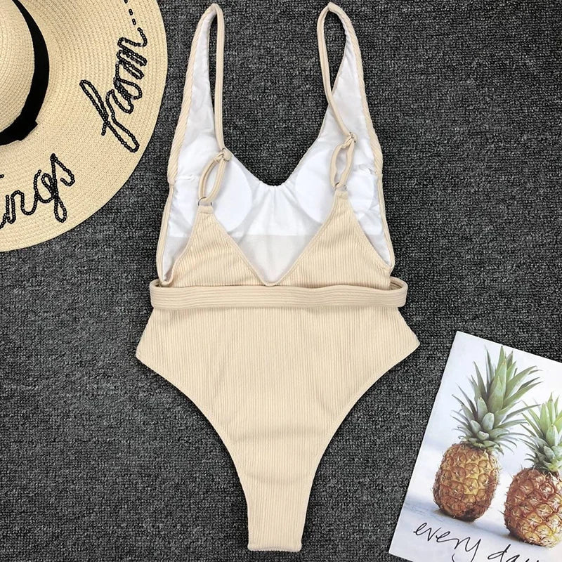 Belted High-Leg One-Piece Swimsuit - Push-Up Monokini