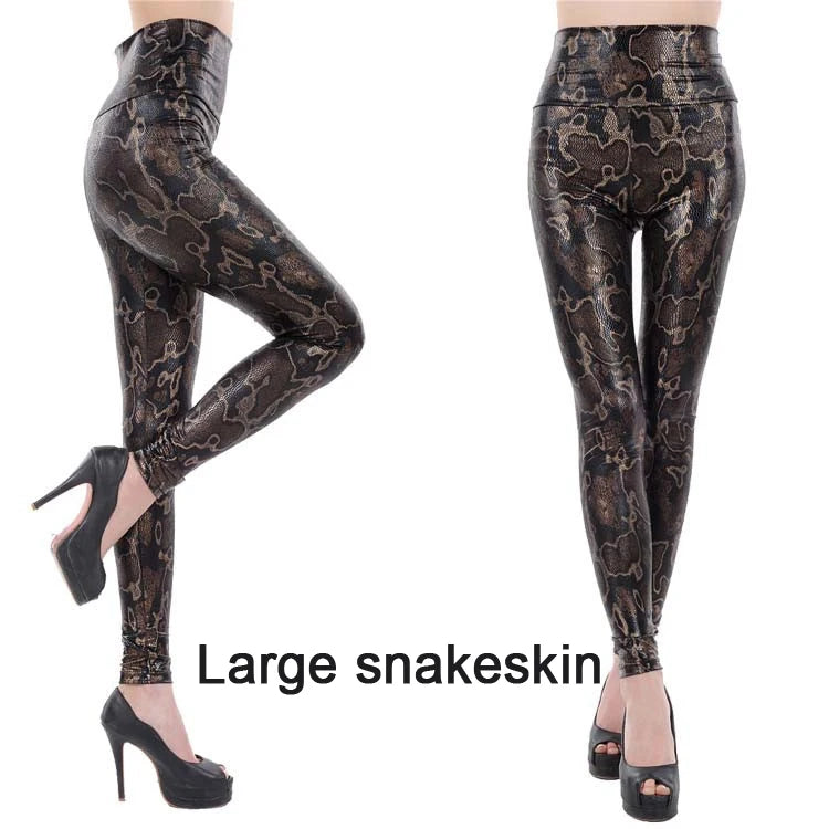 High-Waist Seamless Snakeskin Faux Leather Leggings - Women's Sculpting Statement Bottoms