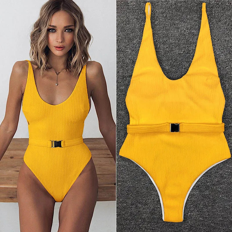 Belted High-Leg One-Piece Swimsuit - Push-Up Monokini