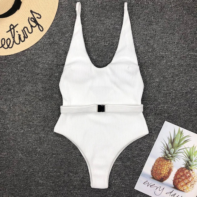 Belted High-Leg One-Piece Swimsuit - Push-Up Monokini