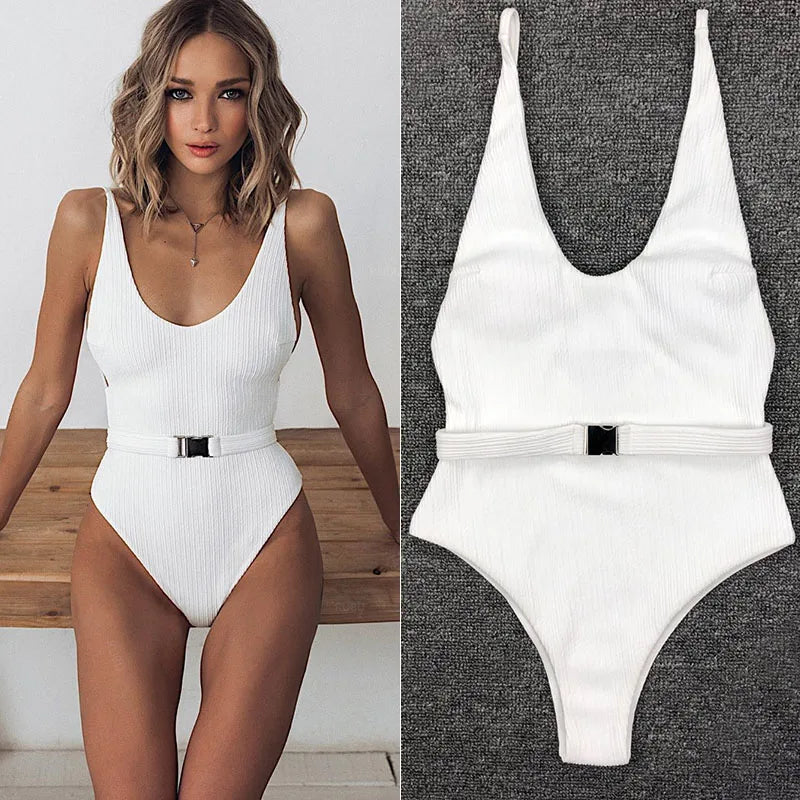 Belted High-Leg One-Piece Swimsuit - Push-Up Monokini