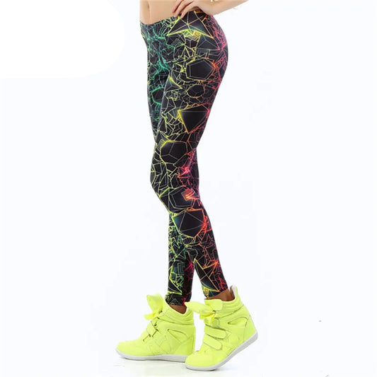 Fluorescent 3D Print Leggings - Mid-Waist Stretch Statement Fit