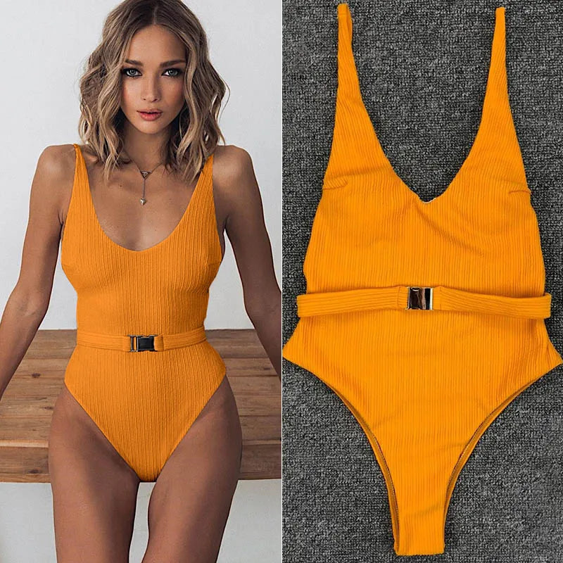 Belted High-Leg One-Piece Swimsuit - Push-Up Monokini