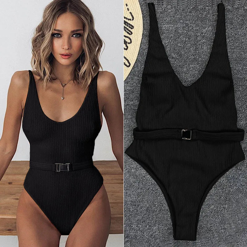 Belted High-Leg One-Piece Swimsuit - Push-Up Monokini