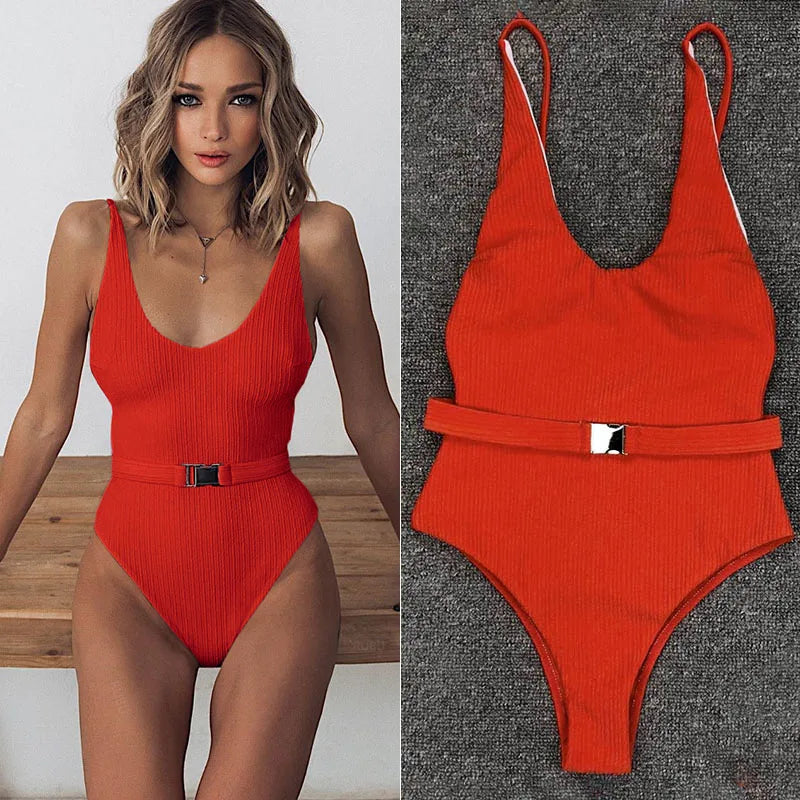 Belted High-Leg One-Piece Swimsuit - Push-Up Monokini