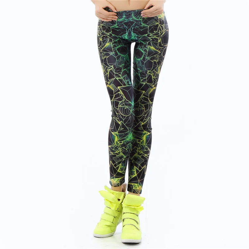 Fluorescent 3D Print Leggings - Mid-Waist Stretch Statement Fit