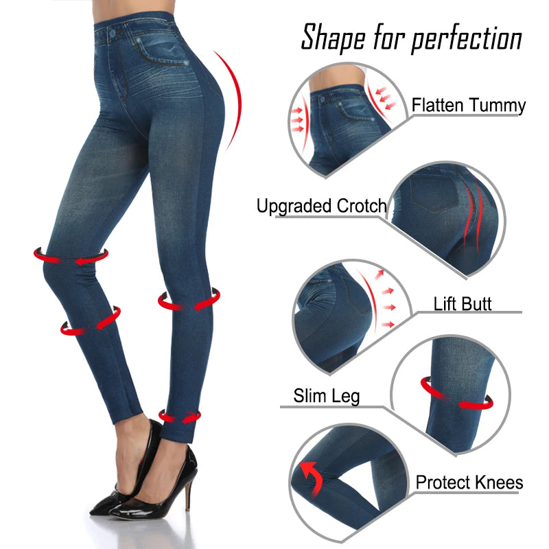 Seamless Faux Denim High-Waist Leggings - Tummy Control Pocket Look