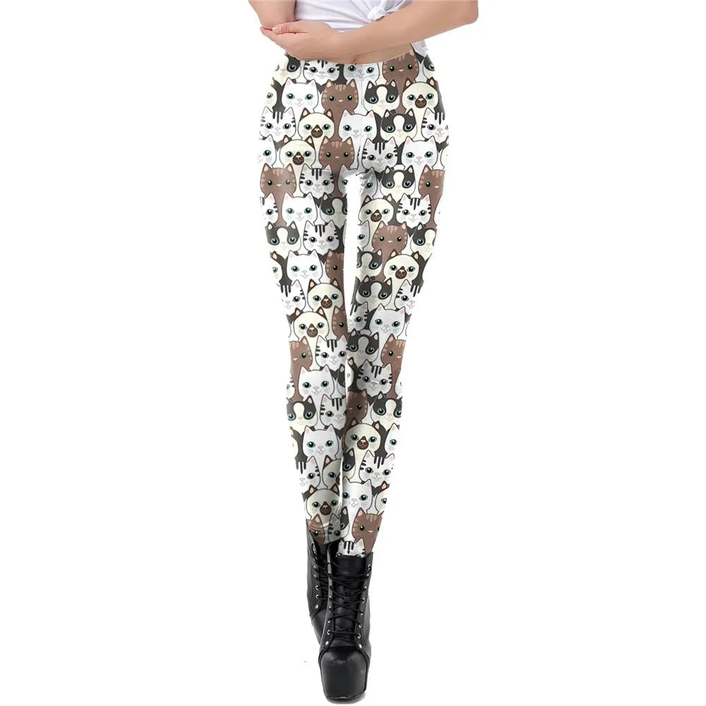 Cartoon Cat Print Mid-Waist Leggings - Stretch Knit Casual Fit
