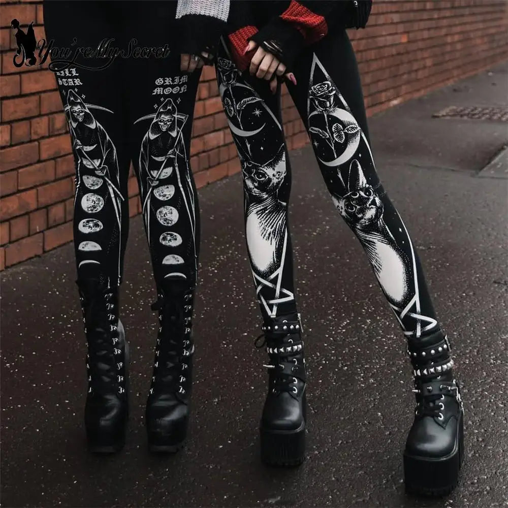 Black Ouija Gothic Leggings - Mid-Waist Stretch Alternative Style
