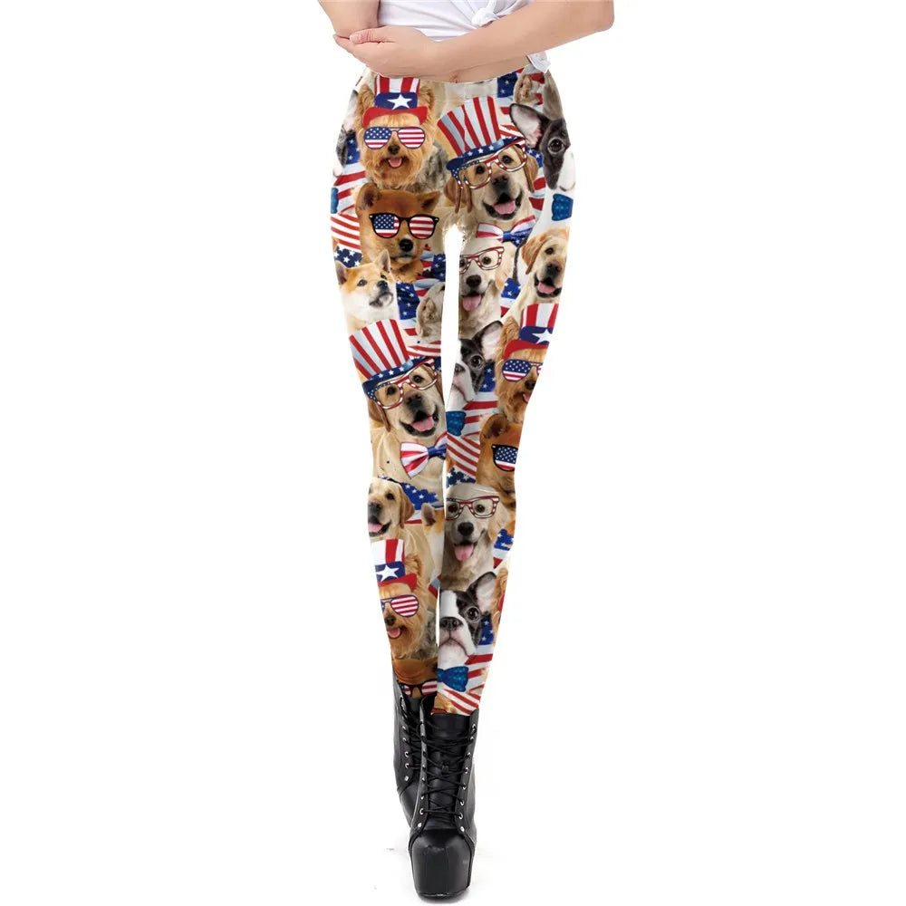 Cartoon Cat Print Mid-Waist Leggings - Stretch Knit Casual Fit