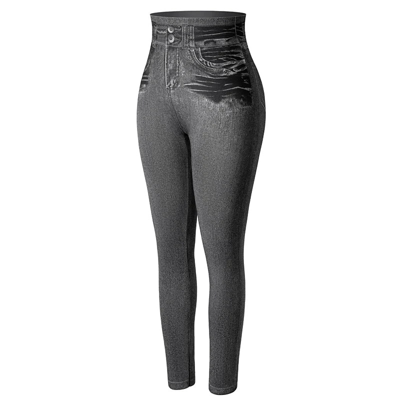 Seamless Faux Denim High-Waist Leggings - Tummy Control Pocket Look