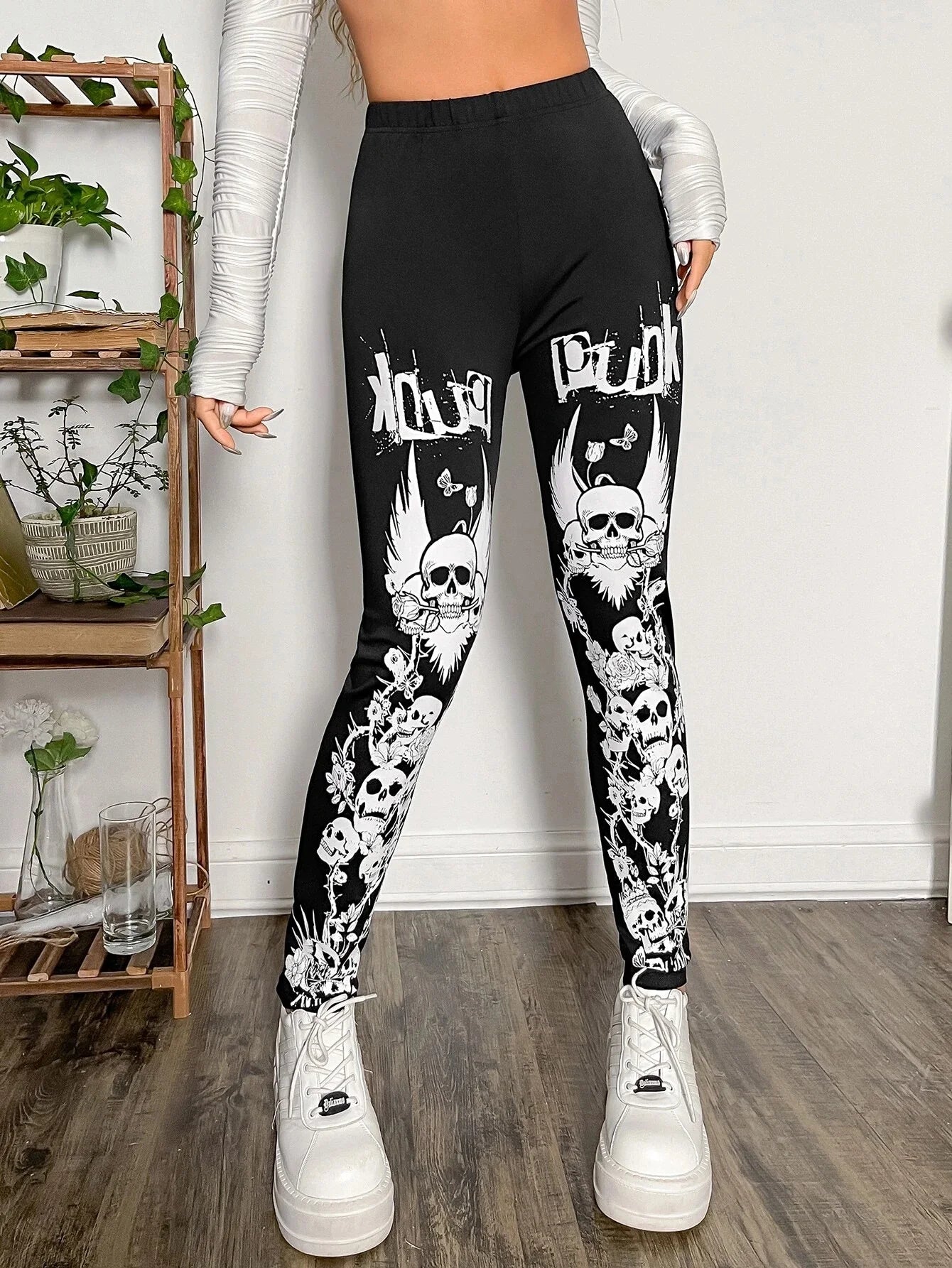 Goth Skull Print Ankle Leggings - Slim Dark Style Stretch Fit