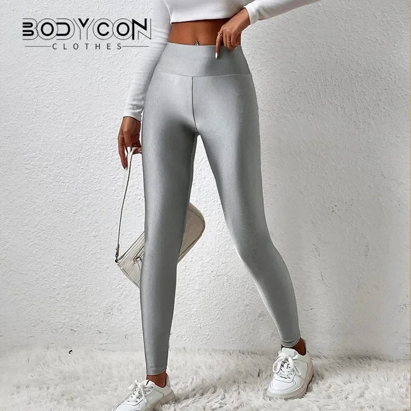 Metallic Luster High-Waist Leggings - Shiny Y2K Pencil Fit