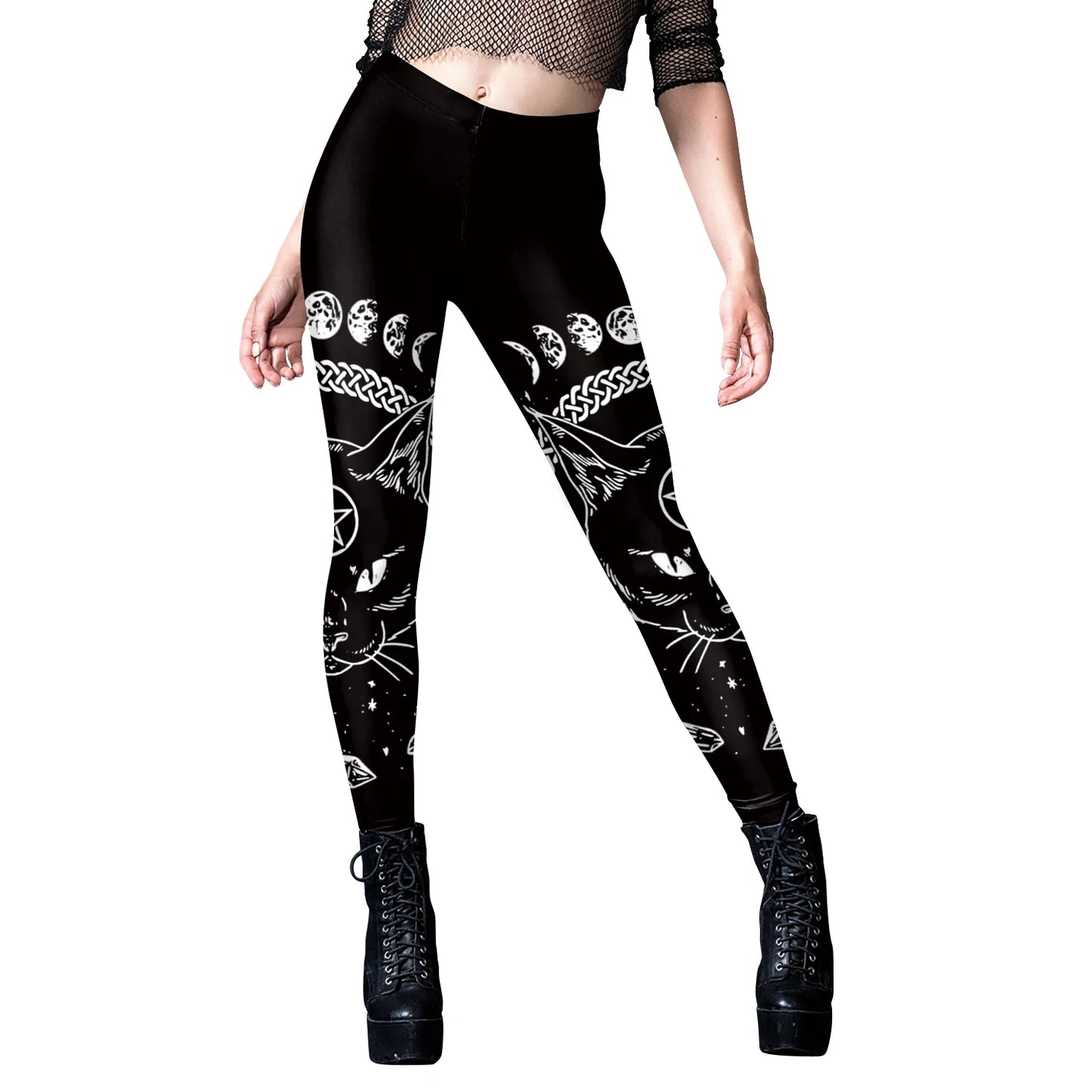 Black Ouija Gothic Leggings - Mid-Waist Stretch Alternative Style