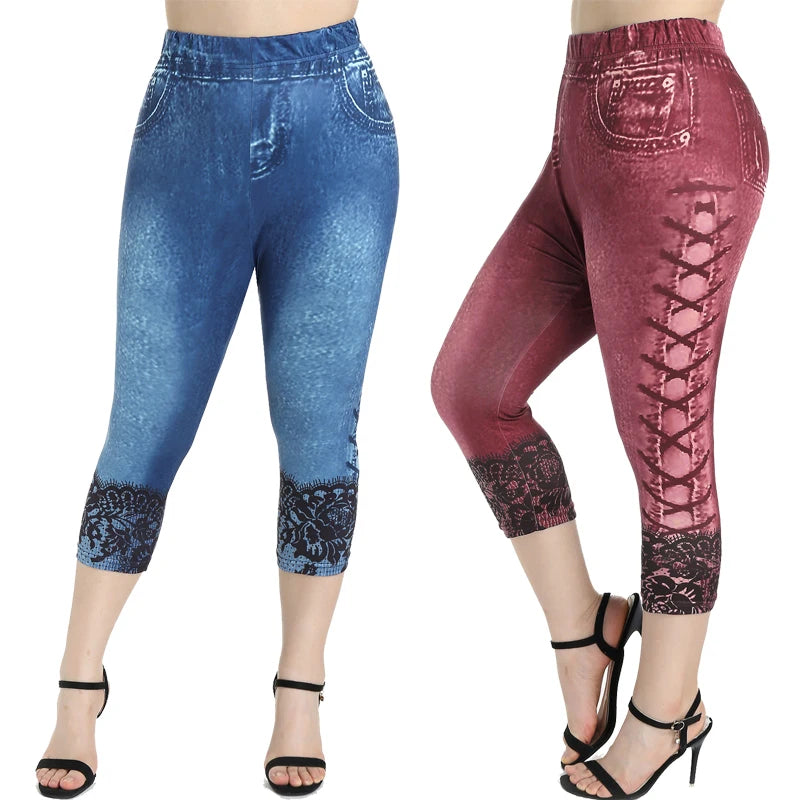 3D Denim Capri Leggings - High-Waist Plus Size Stretch Fit