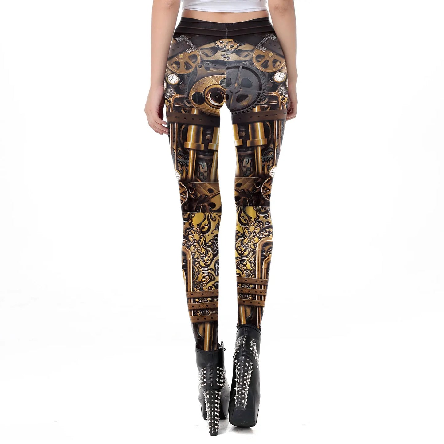 Steampunk Gear Print Leggings - Mid-Waist Streetwear Stretch Fit