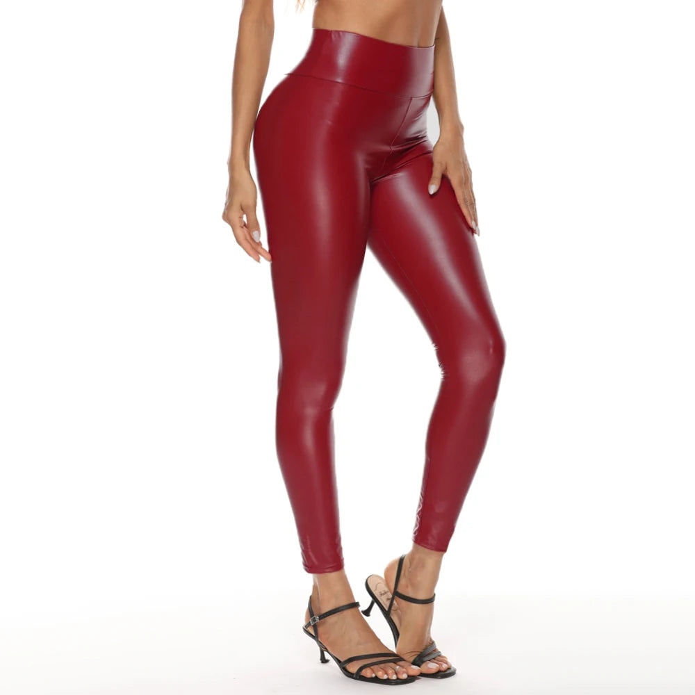 Colorful Faux Leather High-Waist Leggings - Skinny Hip-Lifting Fit