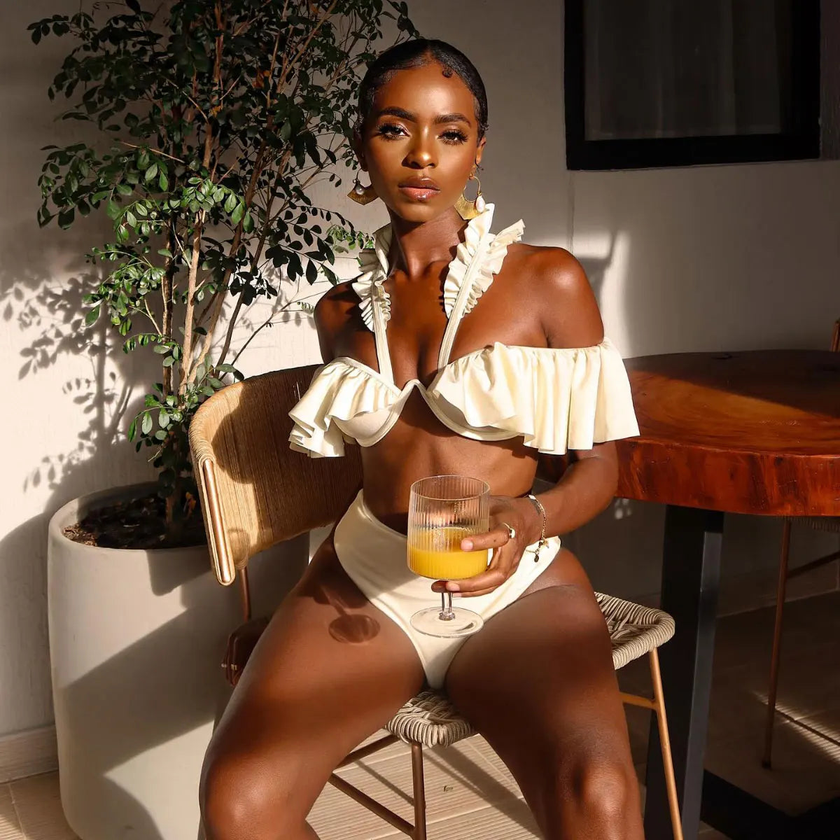 Off-the-Shoulder Ruffle One-Piece Swimsuit - Solid Monokini