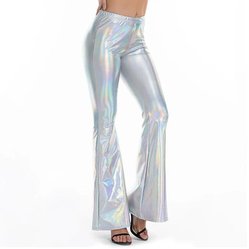 Plus Size Wet-Look Holographic Faux Leather Flare Pants - Women's Sculpting Statement Bottoms