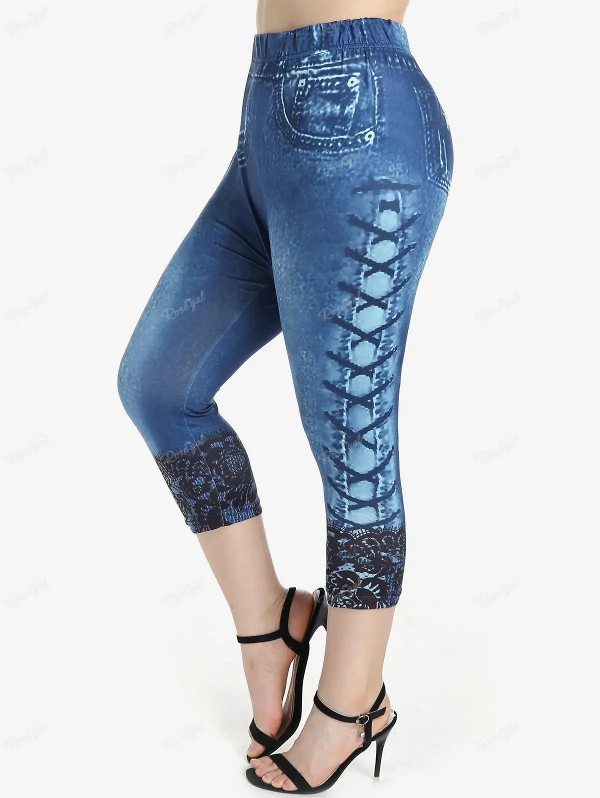3D Denim Capri Leggings - High-Waist Plus Size Stretch Fit