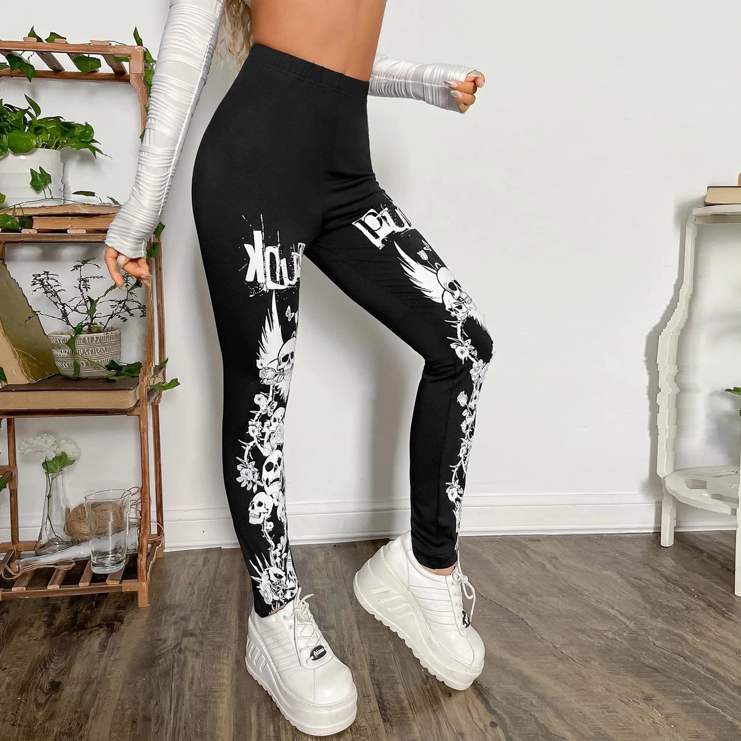 Goth Skull Print Ankle Leggings - Slim Dark Style Stretch Fit