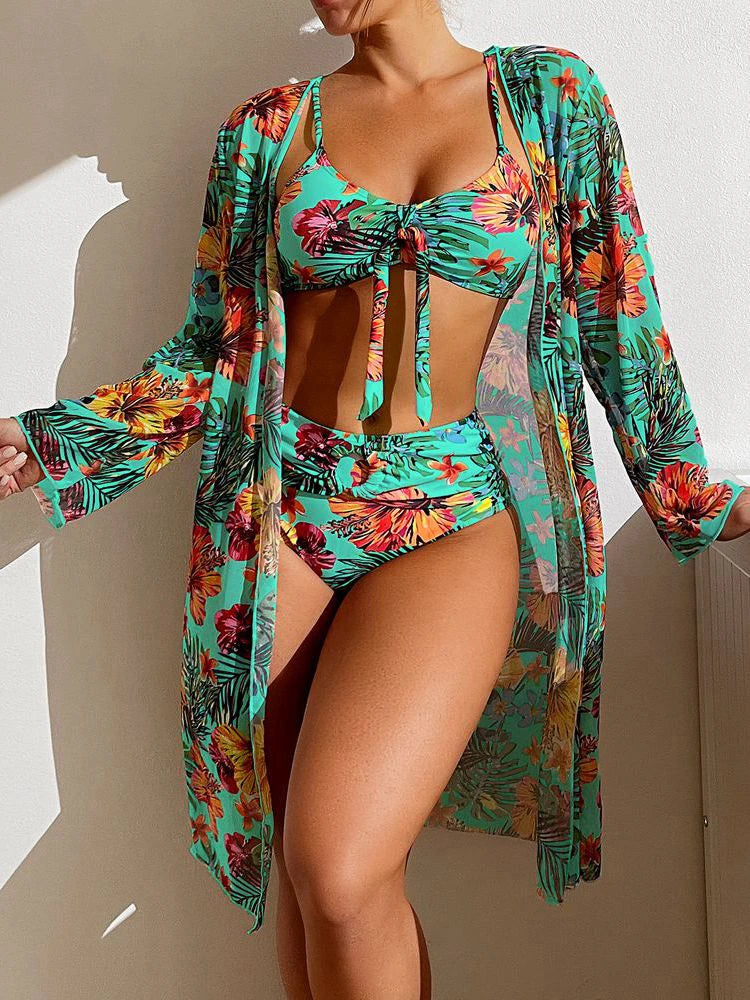 Floral 3-Piece High-Waist Bikini Set - Mesh Long Sleeve Cover-Up