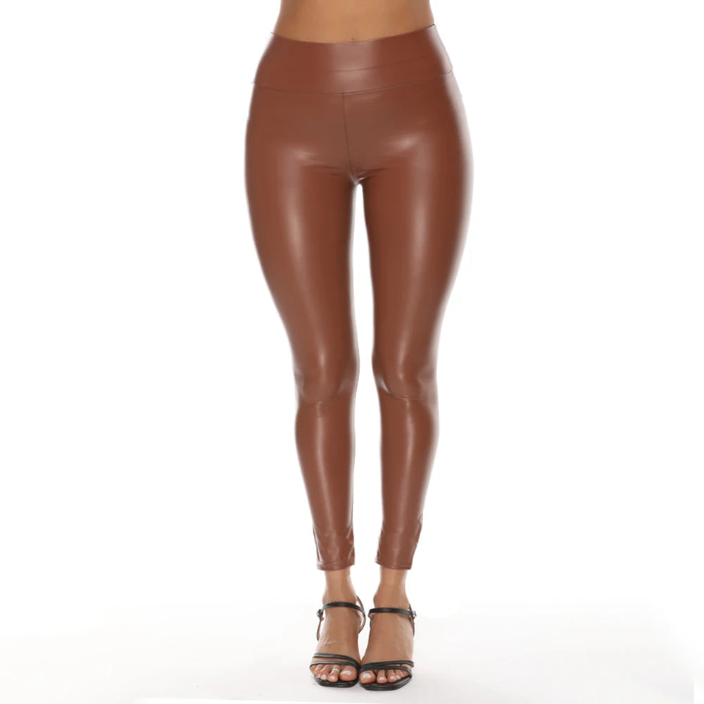 Colorful Faux Leather High-Waist Leggings - Skinny Hip-Lifting Fit
