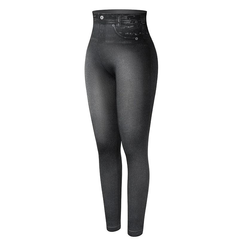 Seamless Faux Denim High-Waist Leggings - Tummy Control Pocket Look
