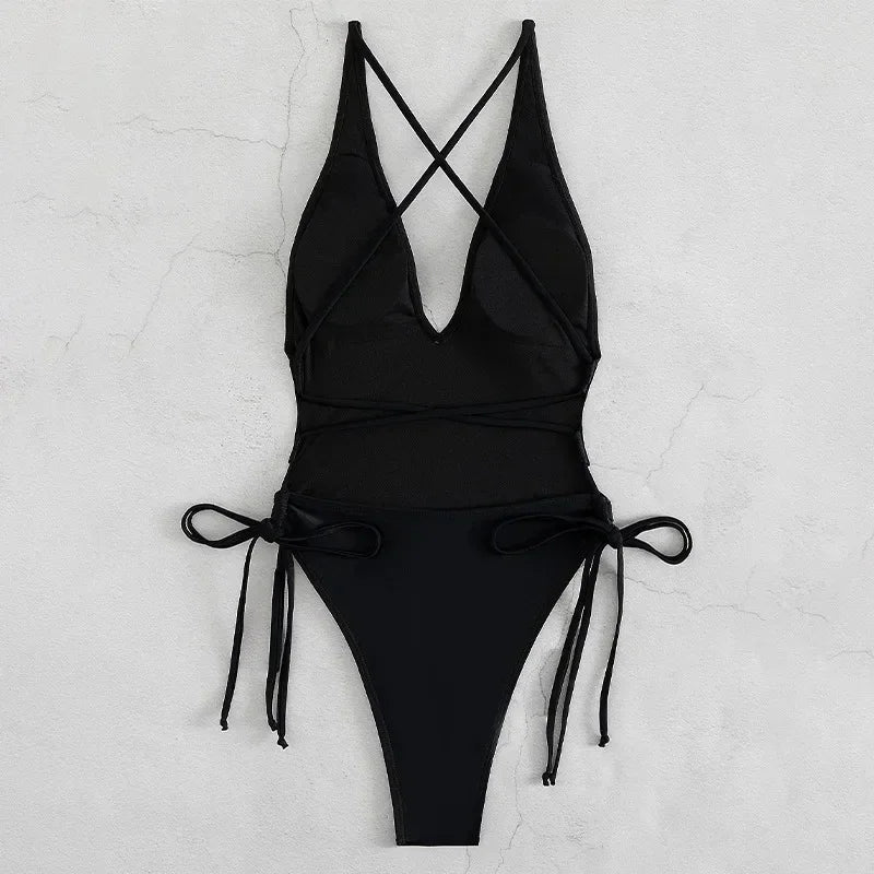Plunging Lace-Up One-Piece Monokini Swimsuit - Solid Beachwear