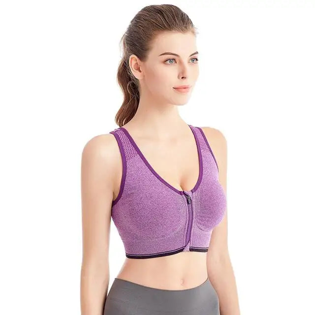 Front-Zip Seamless Shock-Absorbing Sports Bra - Women's Workout Crop Top